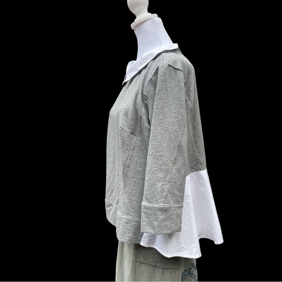 cop.copine SZ 42 (US 10/12) Grey 3/4 sleeve Layerl Top White Contrast Hem/Collar - Picture 3 of 8